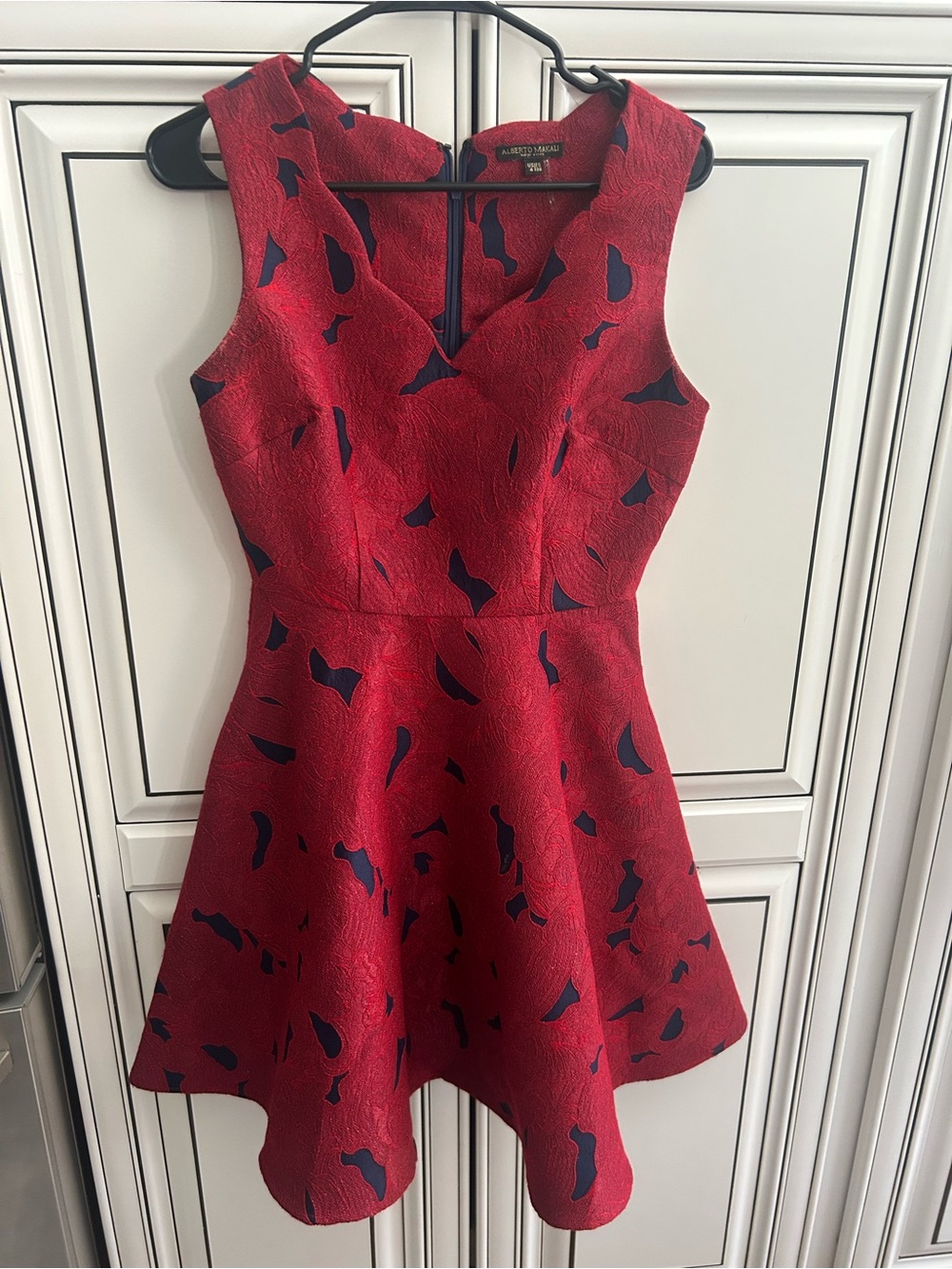 Alberto Makali Red Fit-and-Flare Dress with Navy Accents, size 4